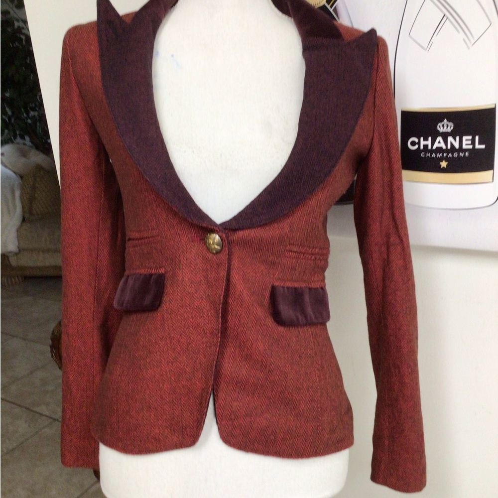 Smythe Velvet Trimmed Peak Lapeled Herringbone Blazer - Picture 2 of 16